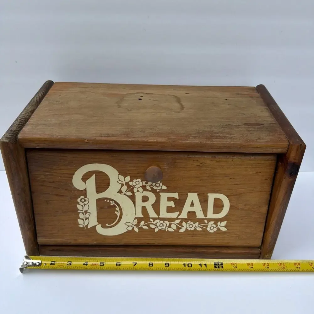 Wooden Bread Box MCM Oak Finish Decorative Bread Letters & Flowers Vintage Gift